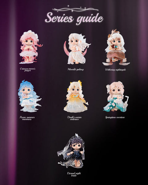 Complete lineup of Joy Twinkling Starlights Series, showing all seven collectible figures with sparkling outfits in fantasy-inspired designs, arranged with their names like Moonlit Galaxy and Eternal Night Bride.