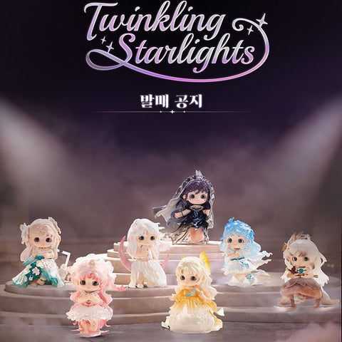 Full display of Joy Twinkling Starlights Series blind box collection, featuring seven elegant chibi-style figures dressed in luminous gowns inspired by celestial and seasonal themes, with dramatic stage lighting.