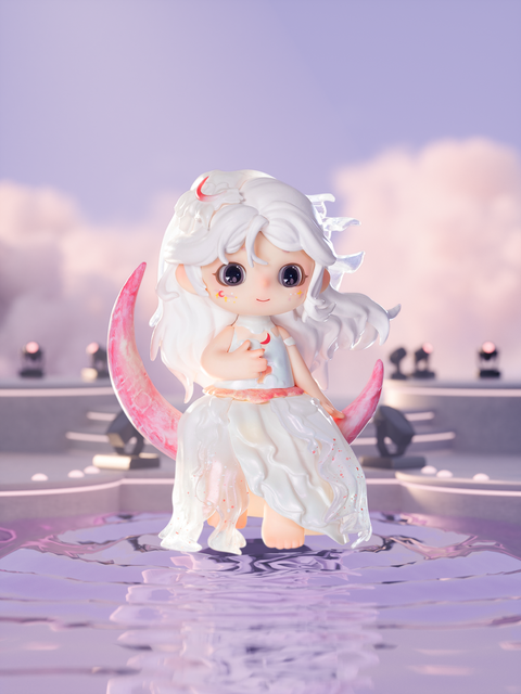 Moonlit Galaxy figure from Joy Twinkling Starlights Series, styled with flowing white gown and crescent moon accessory, standing on a reflective surface with dreamy starlit background.
