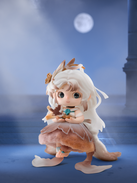 Withering Nightingale figure from Joy Twinkling Starlights Series, a gentle chibi girl with white hair and feathered headpiece, dressed in earthy brown petal-inspired outfit while holding flowers.