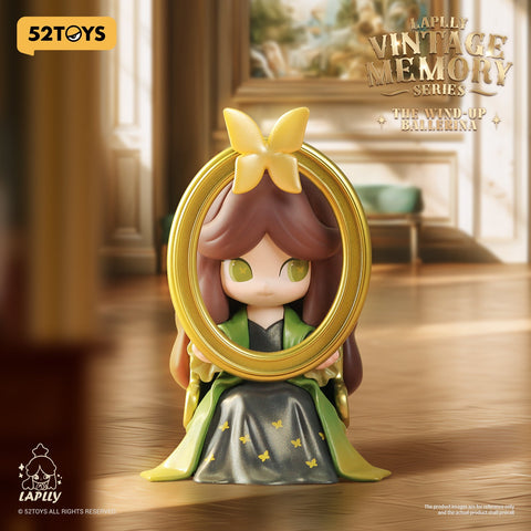 A mysterious figure dressed in emerald green, holding a golden ornate oval frame in front of her face. Her reflection within shows glowing green eyes, creating a haunting, vintage portrait illusion.