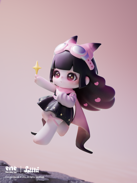A pink-accented figurine floats in midair against a soft pink gradient sky, holding a small yellow star wand. She has black hair adorned with pink heart accents, large pink goggles resting on her head, and a flowing pink cape. Her black skirt and white top catch gentle light as she lifts upward.