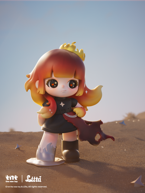 A figurine with fiery red-orange hair stands on sandy ground under warm sunlight, wearing a black dress and holding a dark flame-shaped accessory. One boot is silver and melting into liquid metal at the base, while the other remains solid black. Small star pieces are scattered across the terrain around her.