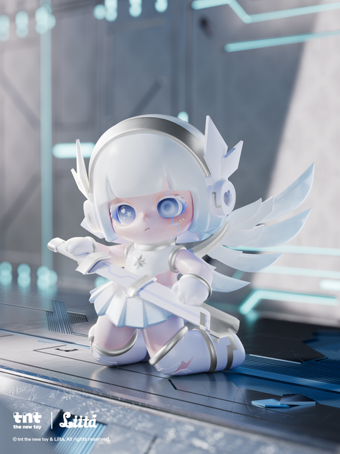 A white armored figurine with wing-like attachments and a helmet kneels on a metallic futuristic floor illuminated by blue lights. She holds a long white sword and wears a pleated skirt with silver trim. Her large blue eyes reflect the cool, high-tech environment surrounding her.