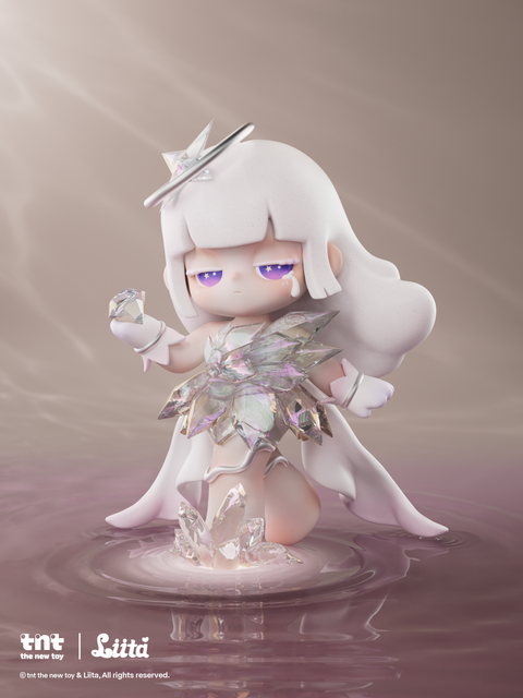 A white-haired figurine stands in shallow rose-tinted water wearing an outfit made of iridescent crystal-like shapes. She holds a faceted crystal in one hand, while larger shards rise from the water around her. Soft beams of light highlight the shimmering textures across her dress and halo-like headpiece.