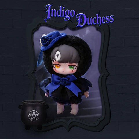 Lilith featuring heterochromia (orange and green eyes) and wearing a black plush hood topped with a blue rose-trimmed hat.