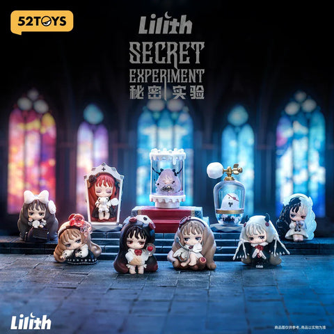 A full set display of the "Lilith: Secret Experiment" blind box series by 52TOYS features gothic-style figurines posed in a dark, mysterious lab-like setting. Each character has a unique expression and accessories, ranging from vials and syringes to eerie props like mirrors and tanks. With moody lighting and stained glass windows in the background, the scene evokes a gothic horror vibe, blending cuteness with a haunting, experimental theme.