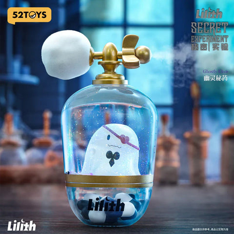 A whimsical figurine from the "Lilith: Secret Experiment" blind box series titled "Ghostly Elixir" is encased in a transparent perfume bottle design. Inside, a tiny ghost with a pink bow and black bowtie floats in shimmering liquid, evoking a magical potion. The bottle features a vintage-style gold spray top with a white puff. Set against a moody lab background, the scene blends gothic and fantasy aesthetics with an eerie charm.