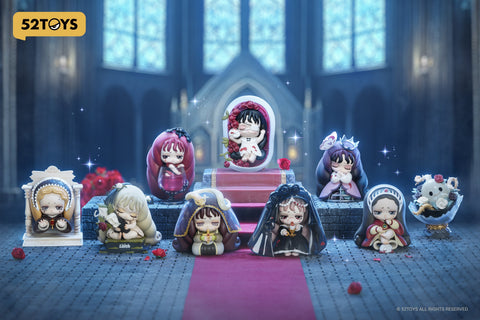 Full display of the 52TOYS “Lilith: The Century of Mary” blind box series, featuring eight gothic-style figurines posed in a cathedral-like setting. Each character is dressed in ornate mourning attire with unique symbolic accessories, such as candles, flowers, veils, and crowns. The somber color palette and dramatic lighting create a haunting yet elegant atmosphere. A secret design is also part of the collection.