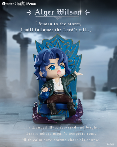 A chibi-style figure of Alger Wilson with wavy blue hair and sharp teal eyes sits on an ornate blue throne. He wears a white shirt under a dark green coat, brown pants, and black boots. Mist swirls around the base, with stormy skies and broken pillars in the distance.