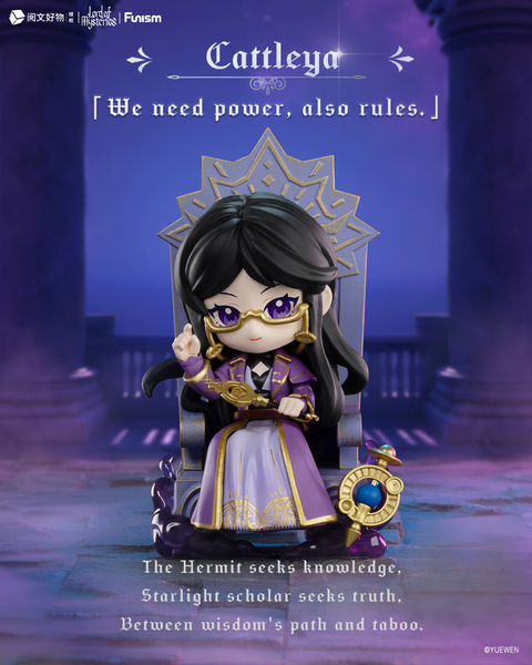 The Cattleya figure has long black hair, violet eyes, and wears gold-rimmed glasses with a purple and black robe trimmed in gold. Sitting on a regal violet throne, she holds a celestial compass and scroll. The setting glows in twilight tones of deep blue and magenta.