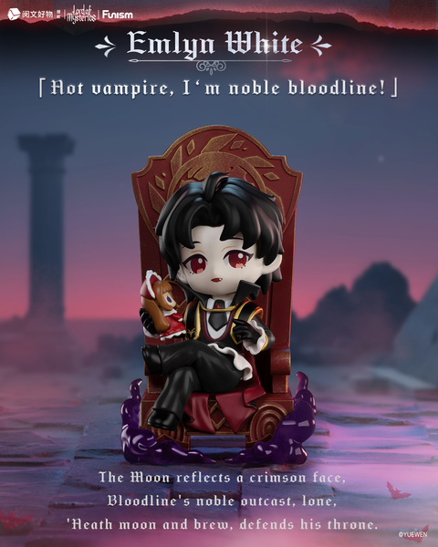 The Emlyn White figure features pale skin, short black hair, and red eyes, dressed in elegant black and red attire with a gold-trimmed cape. He lounges on a dark crimson throne under twilight skies, holding a small doll, exuding gothic, aristocratic vampire aesthetics.