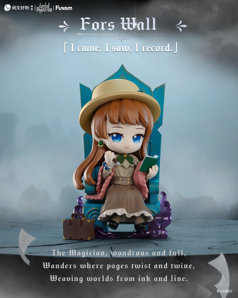 Fors Wall, a brunette figure with blue eyes, sits on a turquoise throne holding an open book and quill pen. She wears a tan dress with green trim, brown boots, and a wide-brimmed hat. A suitcase and scattered papers lie at her feet amid fog and stone ruins.