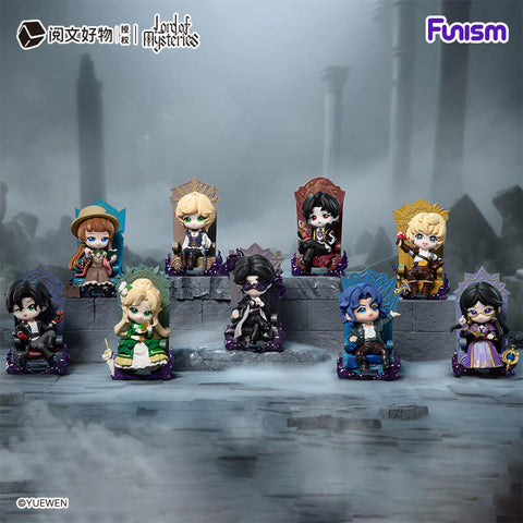 A full lineup of ten Lord of Mysteries figures sits on a misty stone platform surrounded by ancient pillars. Each character occupies a unique throne in different colors, from blue to gold to crimson. The dark, foggy atmosphere enhances their mystical fantasy presence.