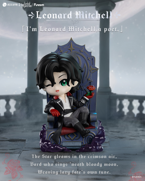Leonard Mitchell, a suave figure with black hair and green eyes, reclines on a navy throne holding a red rose. He wears a black suit with a red-lined cape and gloves. A pale moonlight scene surrounds him, highlighting gothic pillars and soft mist in the background.