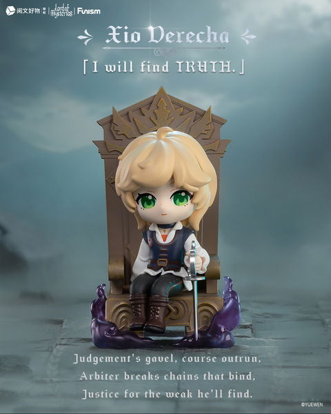 The Xio Derecha figure features blond hair, green eyes, and a determined expression. Sitting on a bronze throne, he holds a silver sword upright, dressed in a white shirt, navy vest, and brown boots. Wisps of mist drift around him in a solemn, cloudy ruin setting.