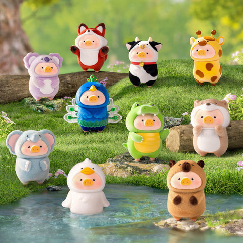 Full display of LuLu the Piggy Animal Party Series blind box collection, featuring multiple figures dressed as animals including cow, giraffe, fox, koala, capybara, otter, duck, crocodile, elephant, and peacock.