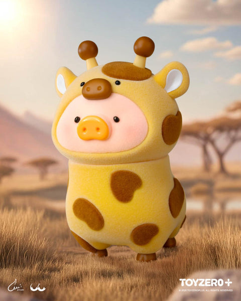 A LuLu the Piggy figure dressed in a yellow giraffe suit with brown spots, ears, and little horns. The character stands in a dry savannah scene with trees in the background and a soft sunset sky.