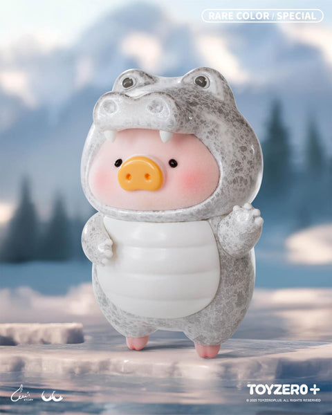 Rare LuLu the Piggy crocodile variant in a grey-and-white patterned outfit with white belly, small teeth, and a shy expression, standing on icy terrain.