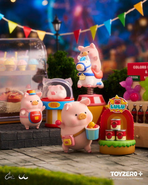 A pig figurine stands beside a brightly striped cotton candy booth holding a small treat bucket. Another pig sits inside a dome-topped cotton candy machine. Warm lights, bunting, and scattered confetti create a cozy night-time carnival scene.