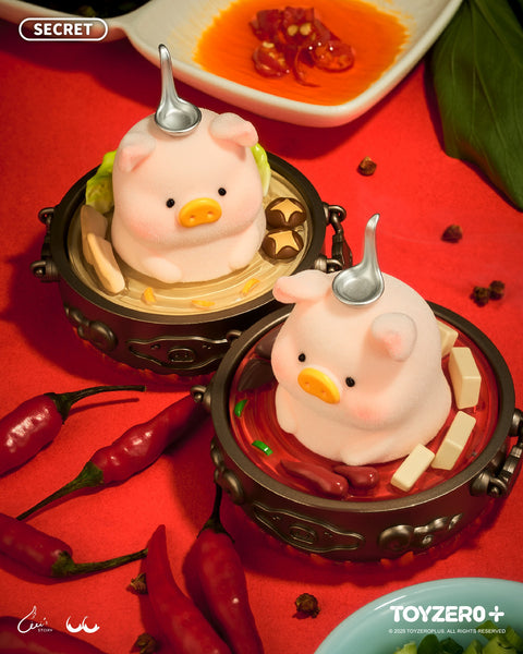 Two rare LuLu the Piggy "Secret" figures in traditional hotpot pots. One sits in clear broth with mushrooms, the other in spicy red broth with tofu, both featuring tiny silver spoons on their heads.