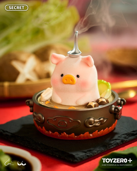 A rare secret LuLu the Piggy figure sitting inside a hotpot cauldron with clear broth and mushrooms. A silver spoon rests on its head as steam rises in the background.