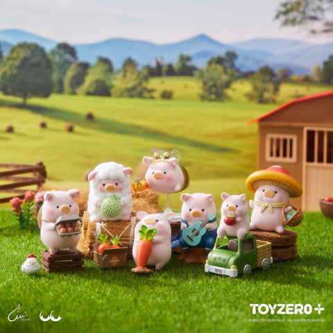 A collection of 7 LuLu the Piggy farm-themed figures, including a bee, sheep, and mushroom pig, displayed on a sunny grassy farm with rolling hills.