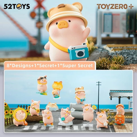 Promotional image for the LuLu The Piggy Travel Series blind box collection by 52TOYS and ToyZero+. The main figure is a pig character in a tan safari hat with a bear charm, holding a teal camera. Below, all 8 regular designs are displayed along with a note about 1 secret and 1 super secret edition. Each LuLu figure is themed around travel activities, such as sightseeing, beach lounging, and photography, set against a bright seaside backdrop with train tracks and sunflowers.