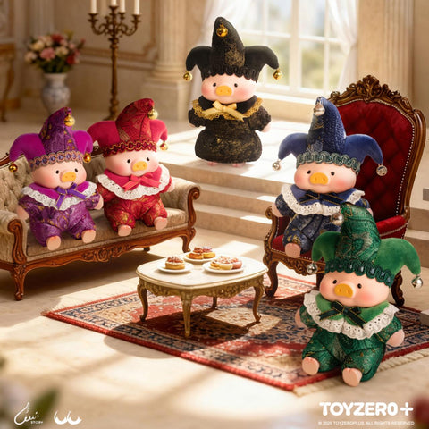 A lavish interior scene showcasing the core collection of five LuLu pigs dressed in intricate, high-texture Triangel jester outfits with working bell accents.