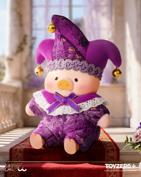 uLu The Piggy in the "Wait For U" purple jester suit, featuring ornate gold embroidery and a three-pointed hat with golden bells.