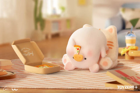 In this adorable and relatable scene from the “Lulu the Piggy: Stay With You” blind box series, a plump piggy figurine lies belly-up on a cat chair, blissfully dazed with a slice of pizza resting on its face. Surrounded by open pizza boxes, a cozy cat companion, and a drink, the pig appears to be in a food coma. The warm, softly lit living room background—with scattered cushions and comfy furniture—amplifies the cozy, contented vibe of indulging in a satisfying meal.