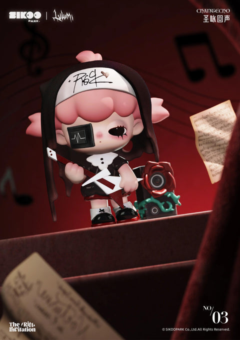 A gothic-style chibi figure named Chant Echo from Lulumi’s The Rift Invitation Series stands with an eyepatch, nun-like dress, and a white headband signed with graffiti-style text. She holds a red electric guitar with sharp edges, surrounded by floating musical notes and a speaker adorned with a rose. The design merges rebellion and sacred imagery with a punk-rock aesthetic.