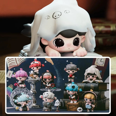 Full collection display of Lulumi’s The Rift Invitation Series Blind Box by Sikoo Park × Lulumi. Showcases multiple chibi gothic fantasy figures like Chant Echo, Cloud Shepherd, Eclipse Wings, Heart Gear, Magic Servant, Nights Praise, Poker Prophecy, and hidden Night Dream Final Chapter. The arrangement highlights whimsical darkness, stitched designs, and surreal accessories across the set.