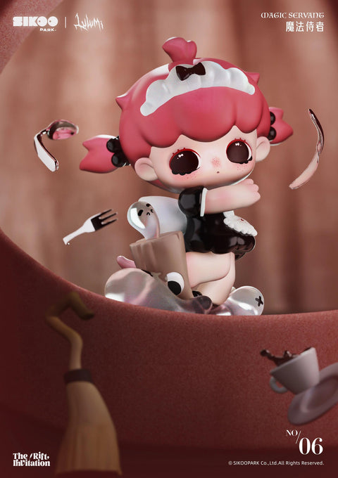 Magic Servant presents a pink-haired chibi maid surrounded by floating utensils and spilled teacups. Wearing a frilly black-and-white uniform with a bow headband, her wide red eyes and delicate freckles contrast the chaotic scene. The figure embodies whimsical yet eerie magical mishaps as forks and teapots orbit her, blending domestic imagery with supernatural charm.