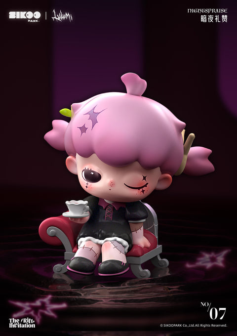Nights Praise showcases a pink-haired figure seated elegantly on a gothic red armchair. Her stitched black dress and stitched legs give her a doll-like yet eerie presence. One eye is closed in an almost playful wink, while the other glimmers under purple shadows. She holds a teacup delicately, blending a sense of aristocratic ritual with macabre undertones.