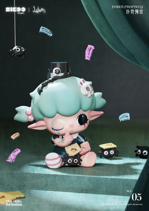 Poker Prophecy depicts a mint-haired elf with long ears, sitting cross-legged while holding a prophecy card with a secretive smile. Tiny spider companions crawl nearby, some carrying cookies marked with cryptic symbols. A black top hat rests on her head, paired with striped stockings and gothic attire. The setting is whimsical yet eerie, mixing fortune-telling and trickster vibes.