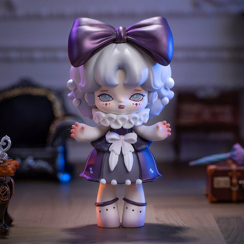 A 3D-rendered MISYA Incredible Mansion Series figure stands gracefully in a dimly lit vintage room. The character has short, curly silver hair adorned with a large metallic purple bow, pale blue eyes, and a melancholic expression. She wears a dark violet dress with white lace details, a ruffled collar, and a delicate bow at the chest. Antique furniture, a black velvet chair, and scattered items in the background enhance the gothic, mysterious ambiance of the scene.