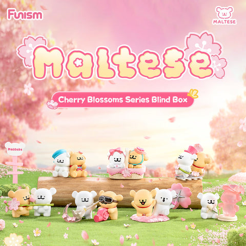 Group display of the Maltese Cherry Blossoms Series Blind Box collection, featuring multiple tan and white bears in cherry blossom–themed outfits and scenes, surrounded by a pastel spring meadow filled with falling petals.