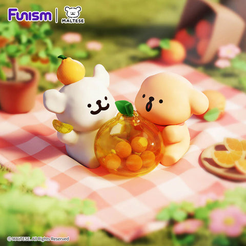 Maltese holding a translucent lucky orange filled with smaller fruits, symbolizing a juicy and successful world.