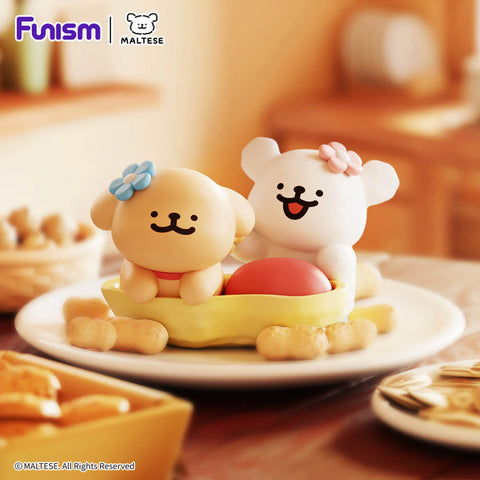 Maltese and his puppy friend tucked inside a yellow peanut shell, signifying that "Lucky Puppy brings good things".