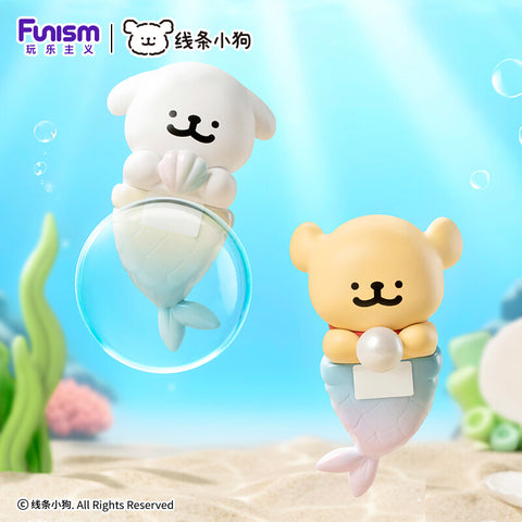 A white Maltese and golden pup with mermaid tails, holding a seashell and a pearl respectively, in an underwater scene.