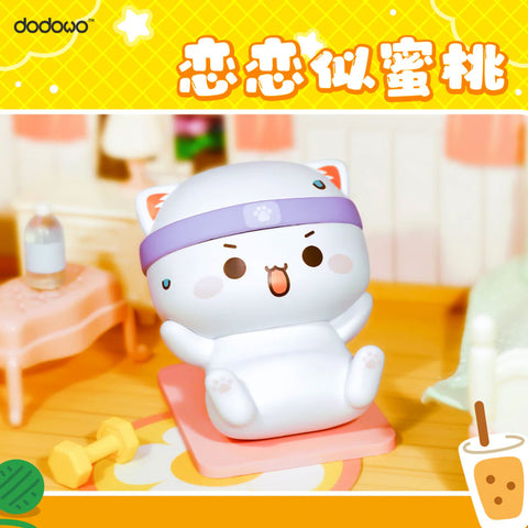 White cat Mitao wears a purple headband and does sit-ups on a pink yoga mat with a dumbbell and water nearby, smiling with determination.