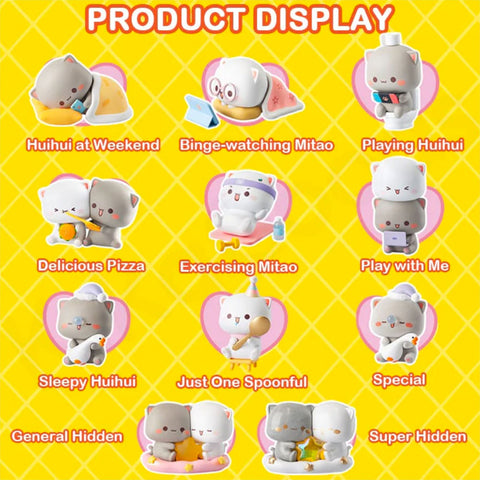 Full set display of Season 4 figures featuring cats Huihui and Mitao in playful scenes like exercising, pizza time, cozy weekends, and hidden star-hugging chasers.