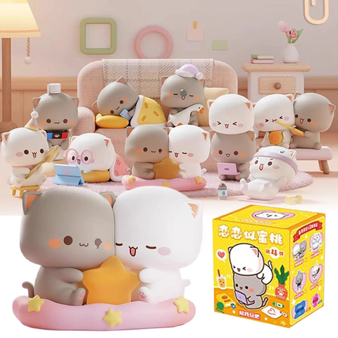 Full display of Season 4 figures showing Huihui and Mitao in various playful poses: sleeping, gaming, exercising, eating, and hugging a glowing star, with product box included.