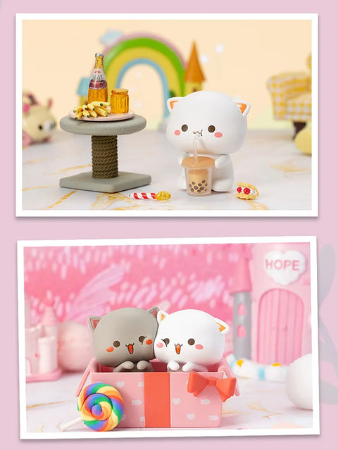 Detailed captures of a cat drinking boba tea and two cats sitting together in a pink gift box.