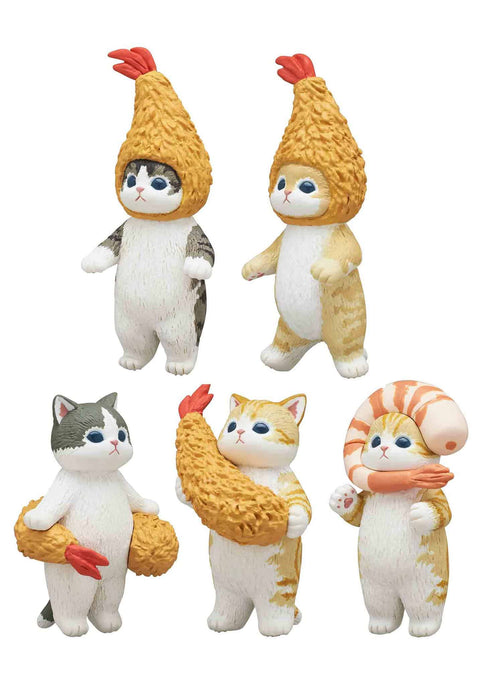 Product image showing all figures from the Mofusand Shrimp Meow Series displayed together on a clean white background. Each cat figure features a rounded, chubby body with soft pastel fur patterns and oversized blue eyes, dressed in playful shrimp-themed costumes. The set includes cats wearing shrimp hats, holding fried shrimp, wrapped in shrimp tails, or standing with shrimp accessories, all sculpted with smooth textures and gentle facial expressions that emphasize the series’ whimsical and collectible sty