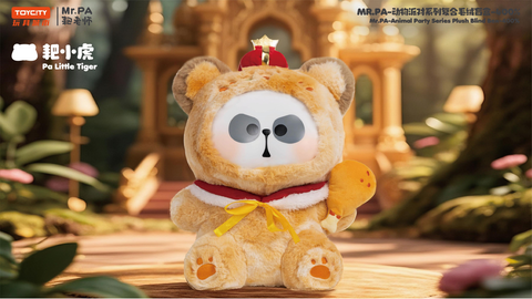 Mr. PA Animal Party 400% Plush Blind Box – Pa Little Tiger, a golden plush with a red crown, yellow ribbon, and a plush chicken leg, posed regally in a whimsical forest palace setting.