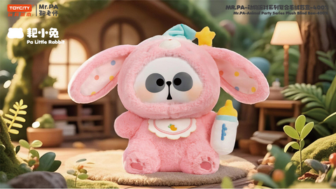 Mr. PA Animal Party 400% Plush Blind Box – Secret Hidden Chaser Pa Little Rabbit, a pink plush with long floppy ears, baby bib, and bottle accessory, set in a bright outdoor woodland scene.