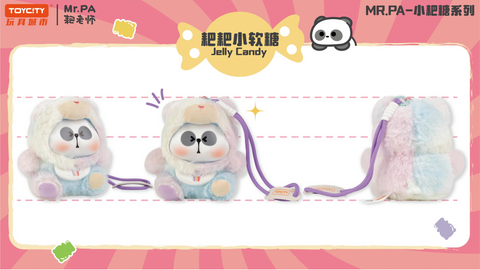 A pastel-colored plush figure of Mr. PA dressed as Jelly Candy, with a mix of pink, blue, and purple tones. The plush has a fluffy hood with small bear ears, rounded paws, and a lavender strap, resembling a sweet jelly candy treat.