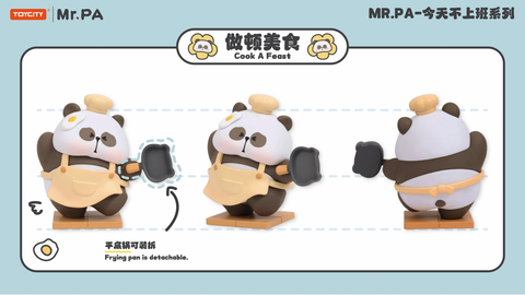 A panda figurine dressed as a chef wears an apron and hat with a fried egg detail, holding a detachable frying pan. The playful design shows the panda mid-cooking, embodying a fun culinary theme.